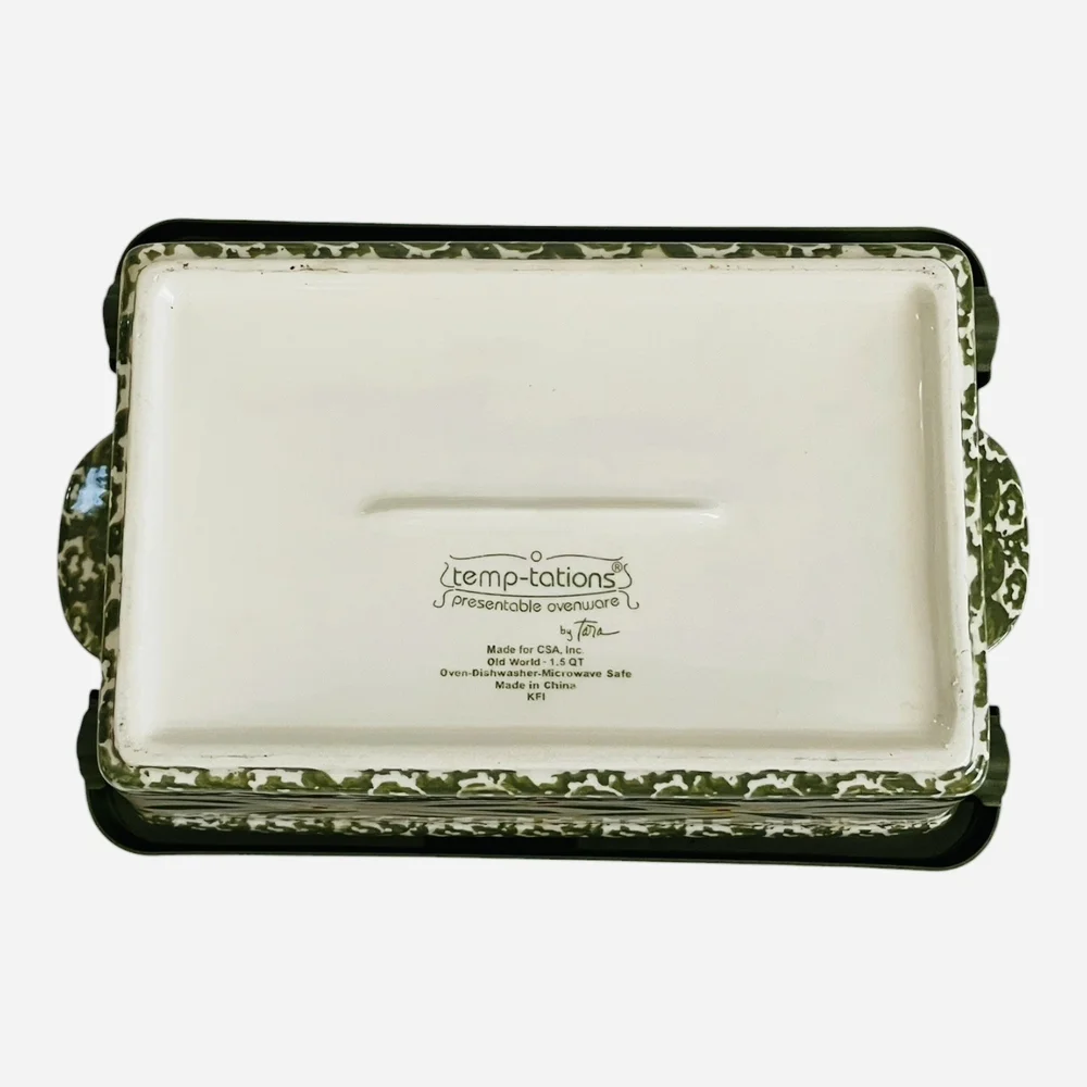 Vintage Temp-tations by Tara Old World Green Ceramic 1.5 QT Baker with Lid EXC